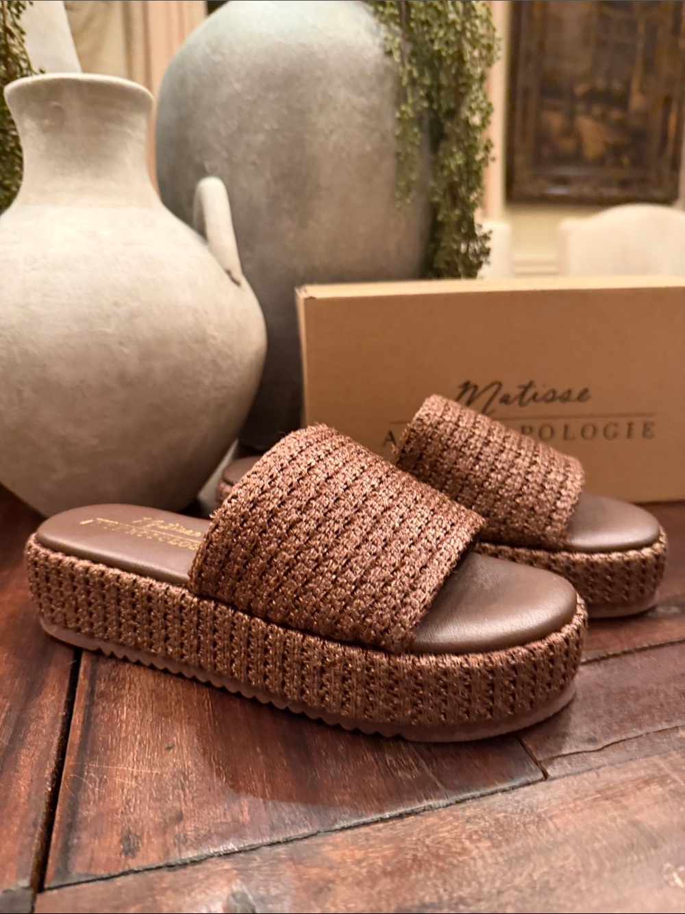 Matisse Chocolate Brown Woven Platform Slide Sandals